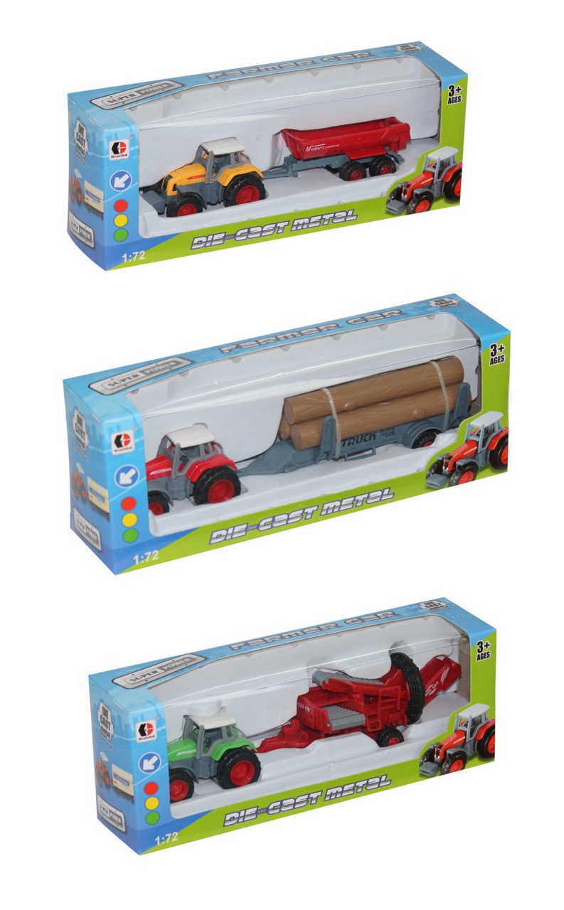 Traktor Metall / Kunststoff, 3-fach sort in Box ca 24x9cm