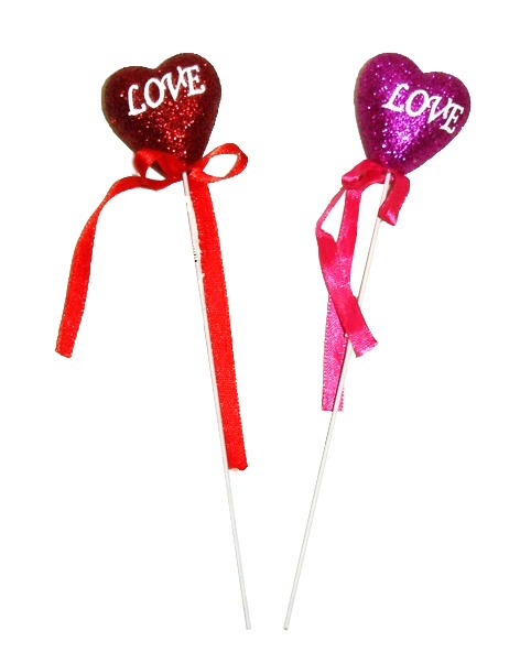 Glitzerherz 4 cm LOVE am Stiel, rot u lila sortiert