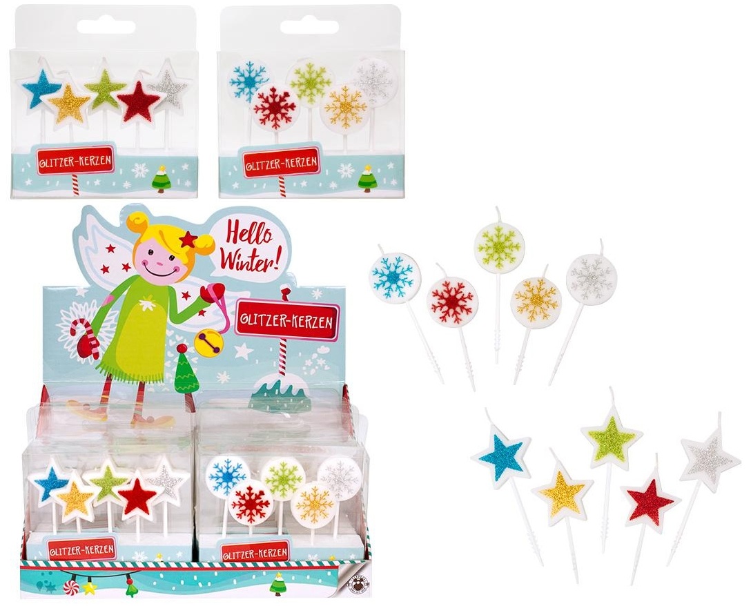 Glitzerkerzen 5er Set  HELLO WINTER in Schachtel ca 10x8x2cm