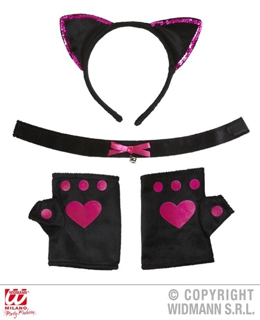 Katzen Set pink schwarz  Ohren, Halsband, Handschuhe